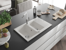 Mexen Gaspar Granit-Spüle 1,5-Becken mit Abtropffläche und Küchenarmatur Flora, weiß - 6507-20-670401-02