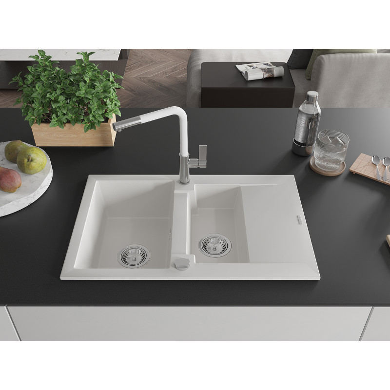Mexen Gaspar Granit-Spüle 1,5-Becken mit Abtropffläche und Küchenarmatur Flora, weiß - 6507-20-670401-02