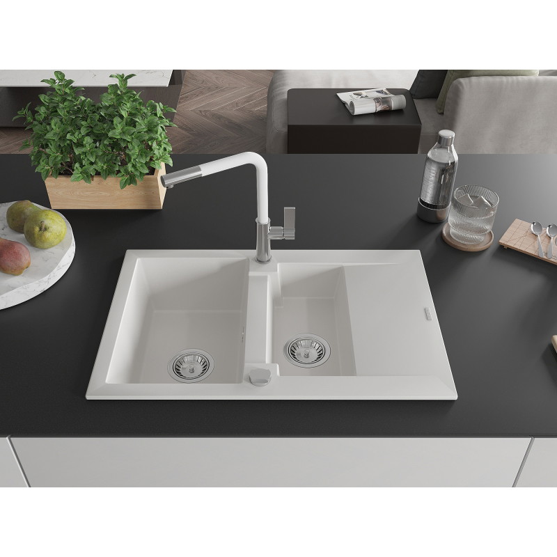 Mexen Gaspar Granitspüle 1,5-Becken mit Abtropffläche und Küchenarmatur Flora, weiß - 6507-20-670401-02