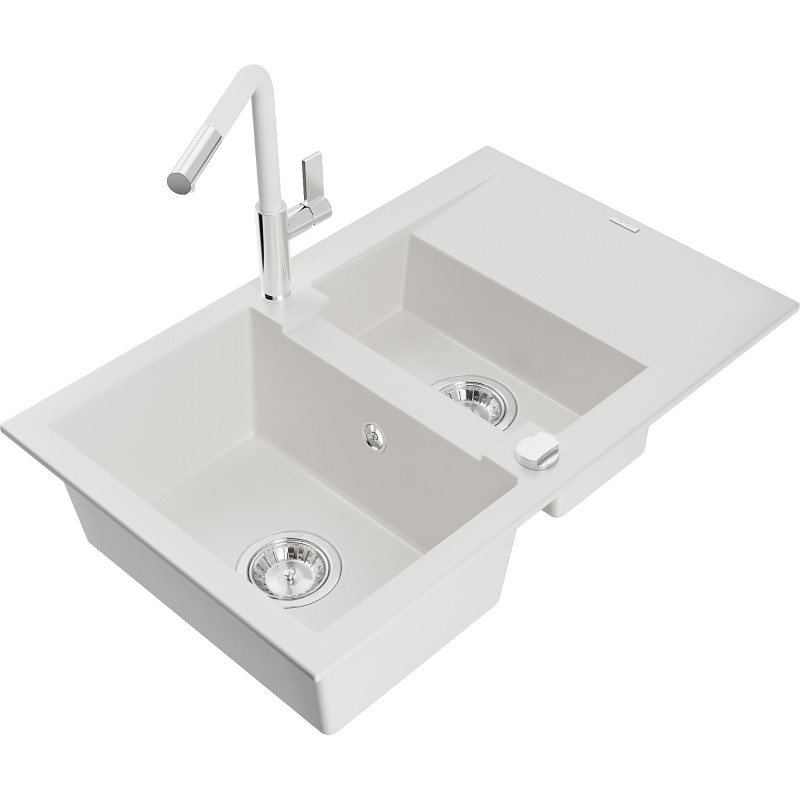 Mexen Gaspar Granitspüle 1,5-Becken mit Abtropffläche und Küchenarmatur Flora, weiß - 6507-20-670401-02