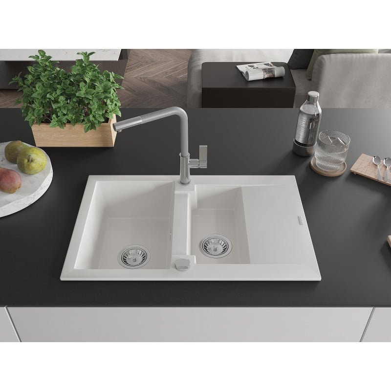 Mexen Gaspar Granitspüle 1,5-becken mit Abtropffläche und Küchenarmatur Flora, Weiß - 6507-20-670401-06