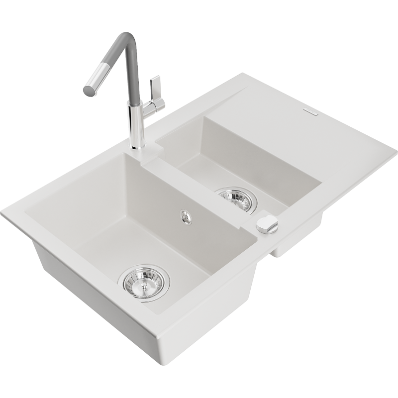 Mexen Gaspar Granitspüle 1,5-becken mit Abtropffläche und Küchenarmatur Flora, Weiß - 6507-20-670401-06