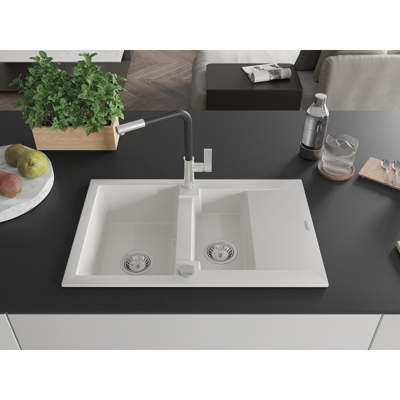 Mexen Gaspar Granitspüle 1,5 Becken mit Ablagefläche und Küchenarmatur Flora, weiß - 6507-20-670401-07