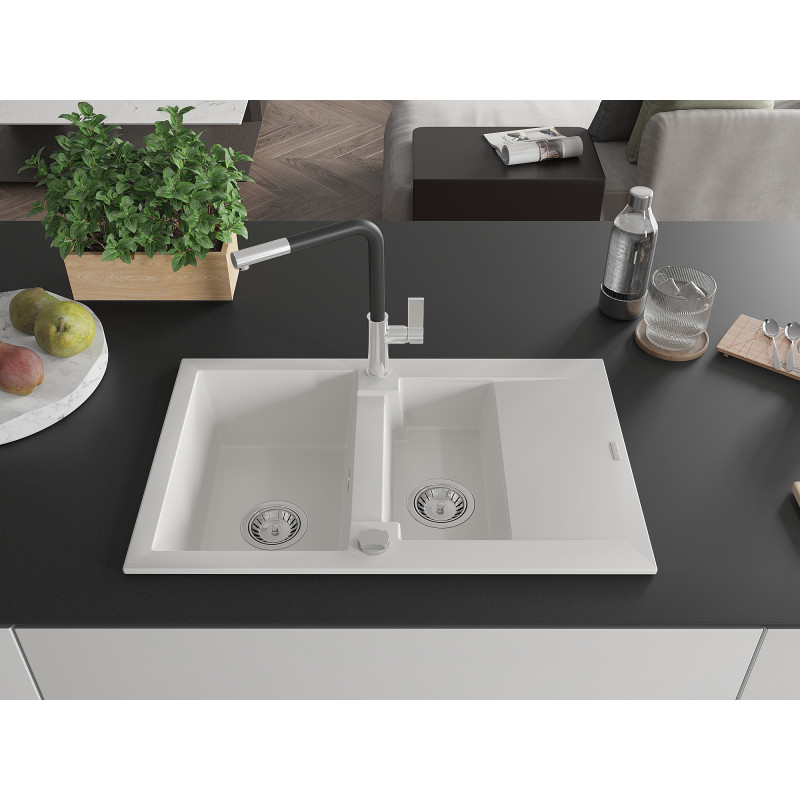 Mexen Gaspar Granitspüle 1,5-Becken mit Abtropffläche und Küchenarmatur Flora, weiß - 6507-20-670401-07