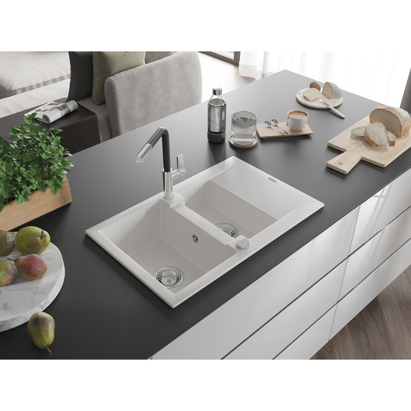 Mexen Gaspar Granitspüle 1,5-Becken mit Abtropffläche und Küchenarmatur Flora, weiß - 6507-20-670401-07