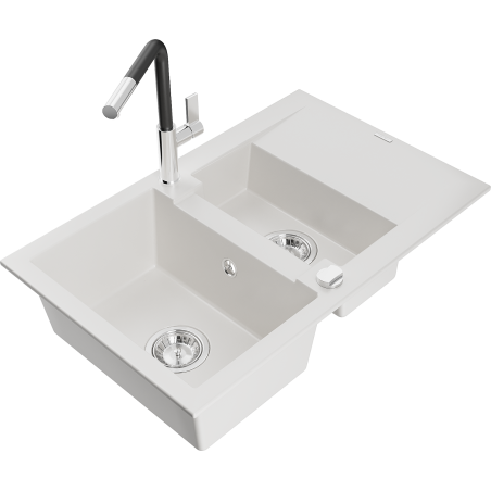 Mexen Gaspar Granitspüle 1,5-Becken mit Abtropffläche und Küchenarmatur Flora, weiß - 6507-20-670401-07