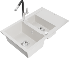 Mexen Gaspar Granitspüle 1,5-Becken mit Abtropffläche und Küchenarmatur Flora, weiß - 6507-20-670401-07