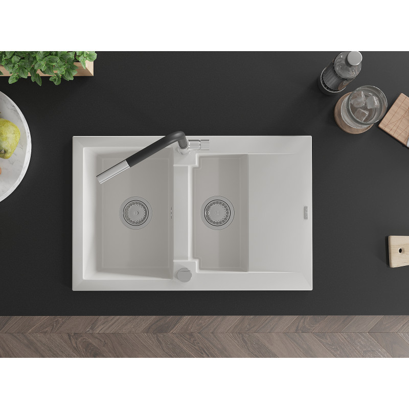 Mexen Gaspar Granitspüle 1,5-Becken mit Abtropffläche und Küchenarmatur Flora, weiß - 6507-20-670401-07