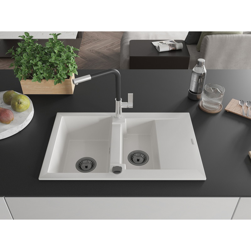 Mexen Gaspar Granitspüle 1,5-Becken mit Abtropffläche und Küchenarmatur Flora, weiß - 6507-20-670401-07-B