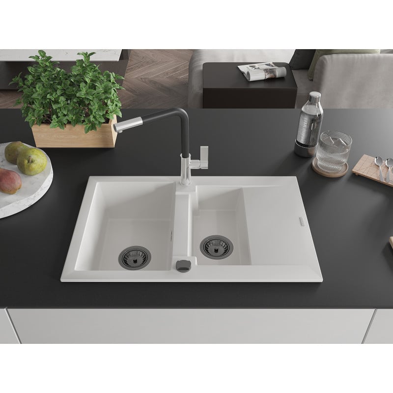 Mexen Gaspar Granitspüle 1,5-beckig mit Abtropffläche und Küchenarmatur Flora, weiß - 6507-20-670401-07-B