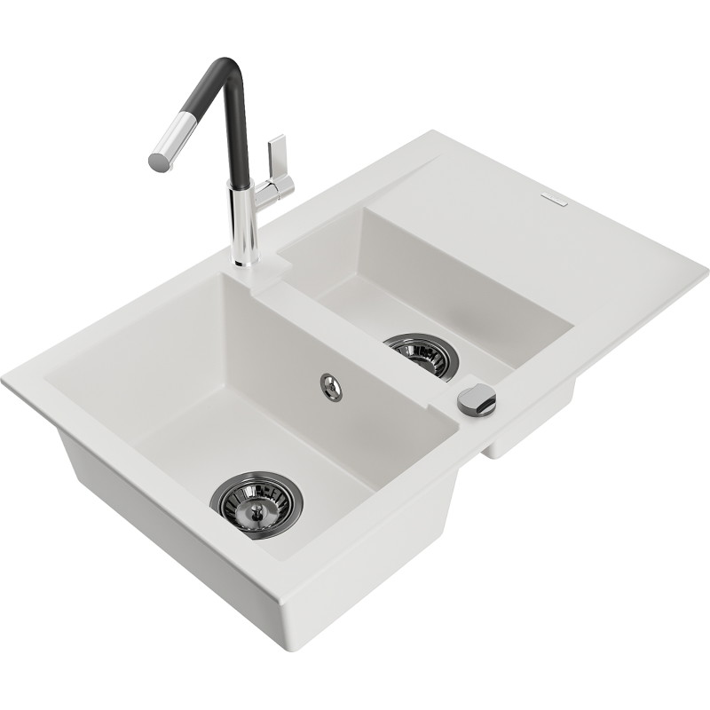 Mexen Gaspar Granitspüle 1,5-Becken mit Abtropffläche und Küchenarmatur Flora, weiß - 6507-20-670401-07-B