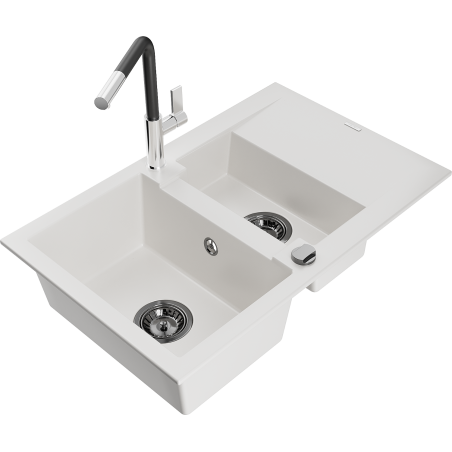 Mexen Gaspar Granitspüle 1,5-Becken mit Abtropffläche und Küchenarmatur Flora, weiß - 6507-20-670401-07-B