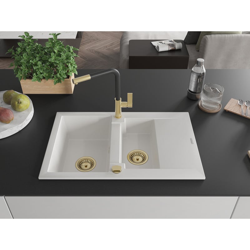 Mexen Gaspar Granitspüle 1,5-becken mit Abtropffläche und Küchenarmatur Flora, weiß - 6507-20-670401-57-G
