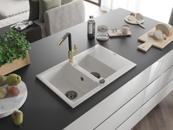 Mexen Gaspar Granitspüle 1,5-Becken mit Abtropffläche und Küchenarmatur Flora, weiß - 6507-20-670401-57-B