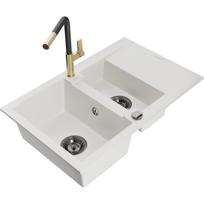 Mexen Gaspar Granitspüle 1,5-Becken mit Abtropffläche und Küchenarmatur Flora, weiß - 6507-20-670401-57-B