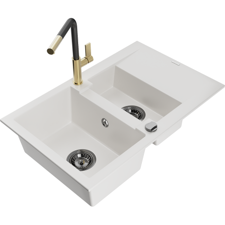Mexen Gaspar Granitspüle 1,5-Becken mit Abtropffläche und Küchenarmatur Flora, weiß - 6507-20-670401-57-B