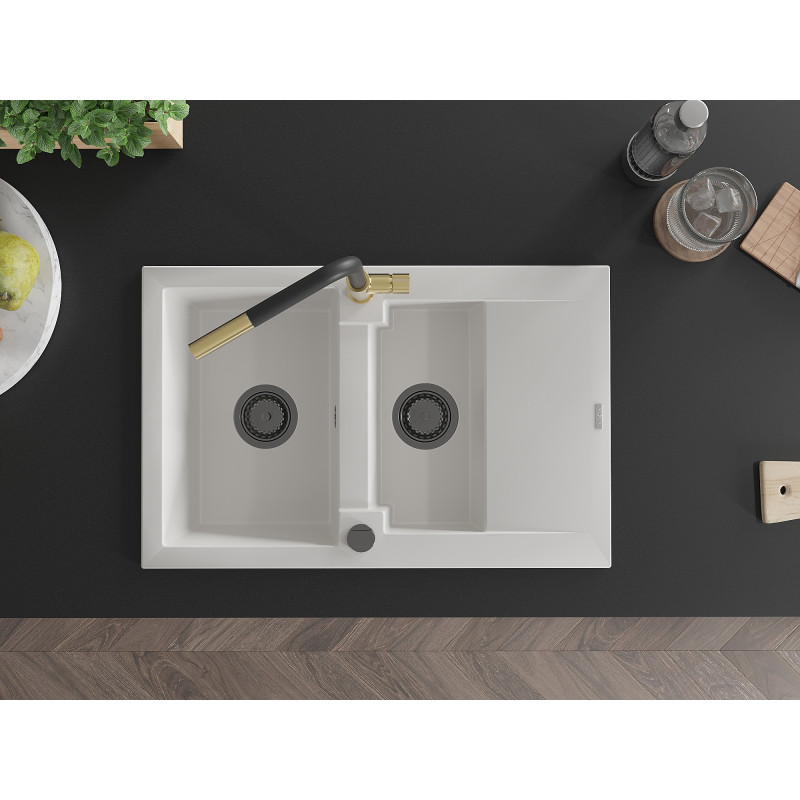 Mexen Gaspar Granitspüle 1,5-Becken mit Abtropffläche und Küchenarmatur Flora, weiß - 6507-20-670401-57-B