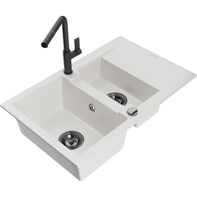 Mexen Gaspar 1,5-Kammer Granitspüle mit Abtropffläche und Küchenarmatur Flora, weiß - 6507-20-670401-70-B