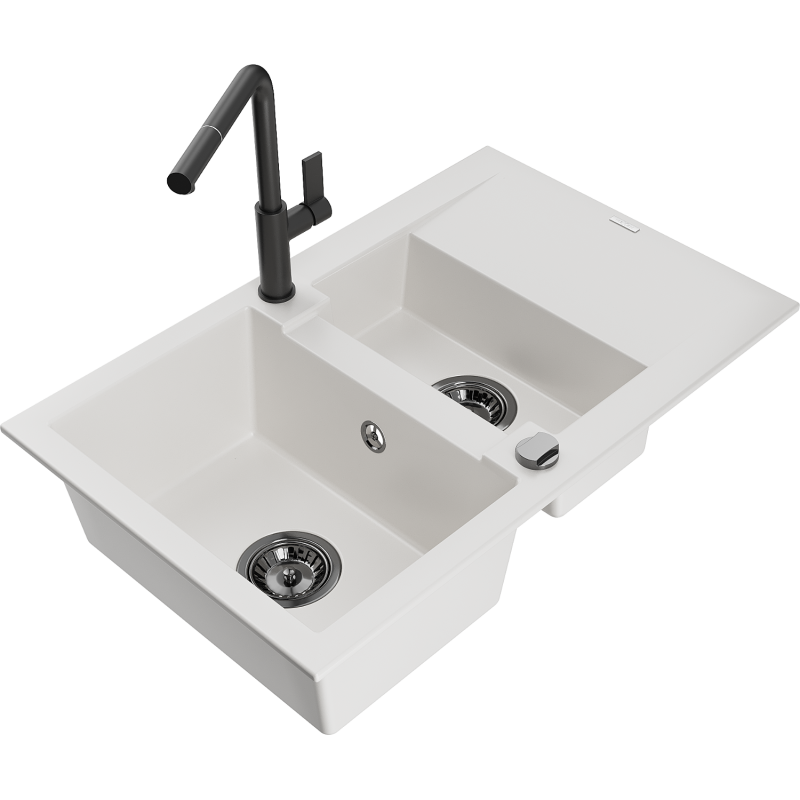 Mexen Gaspar Granitspüle 1,5-Becken mit Abtropffläche und Küchenarmatur Flora, weiß - 6507-20-670401-70-B