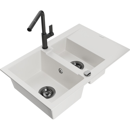 Mexen Gaspar Granitspüle 1,5-Becken mit Abtropffläche und Küchenarmatur Flora, weiß - 6507-20-670401-70-B