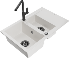 Mexen Gaspar Granitspüle 1,5-Becken mit Abtropffläche und Küchenarmatur Flora, weiß - 6507-20-670401-70-B