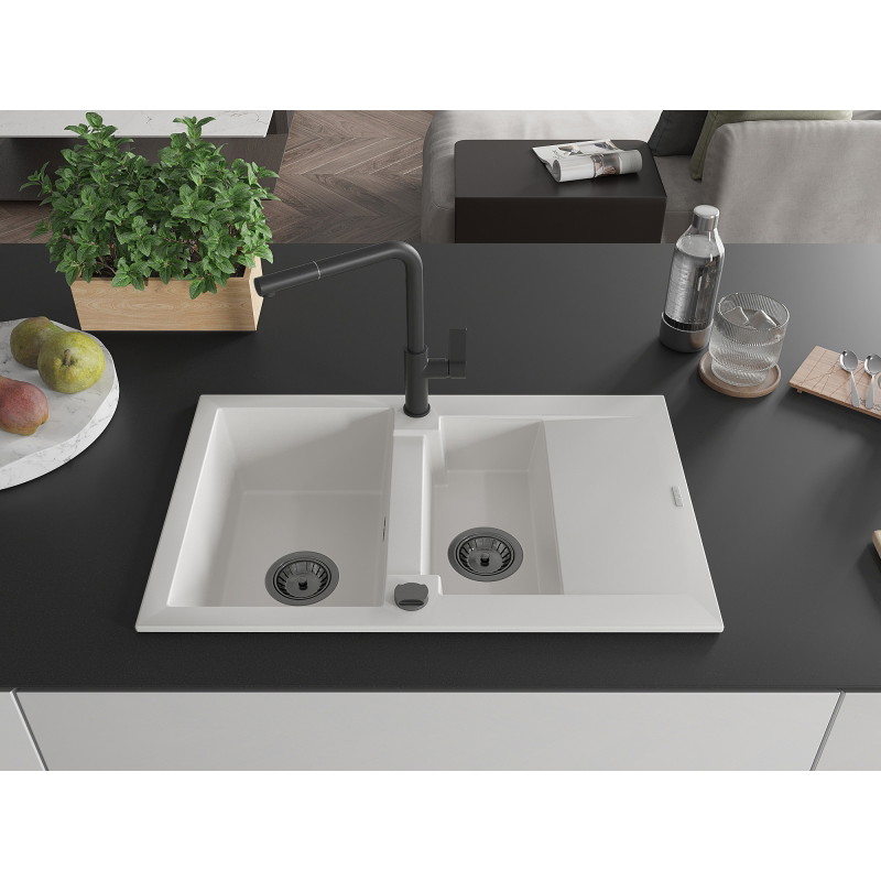 Mexen Gaspar 1,5-Kammer Granitspüle mit Abtropffläche und Küchenarmatur Flora, weiß - 6507-20-670401-70-B