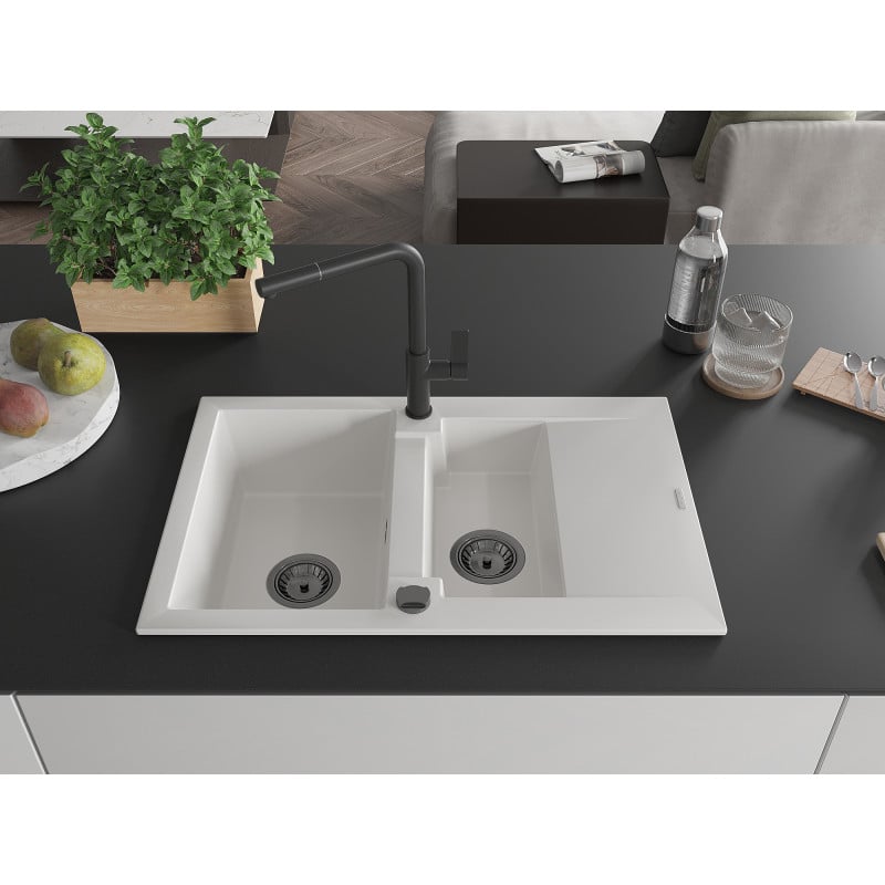 Mexen Gaspar Granitspüle 1,5-Becken mit Abtropffläche und Küchenarmatur Flora, weiß - 6507-20-670401-70-B