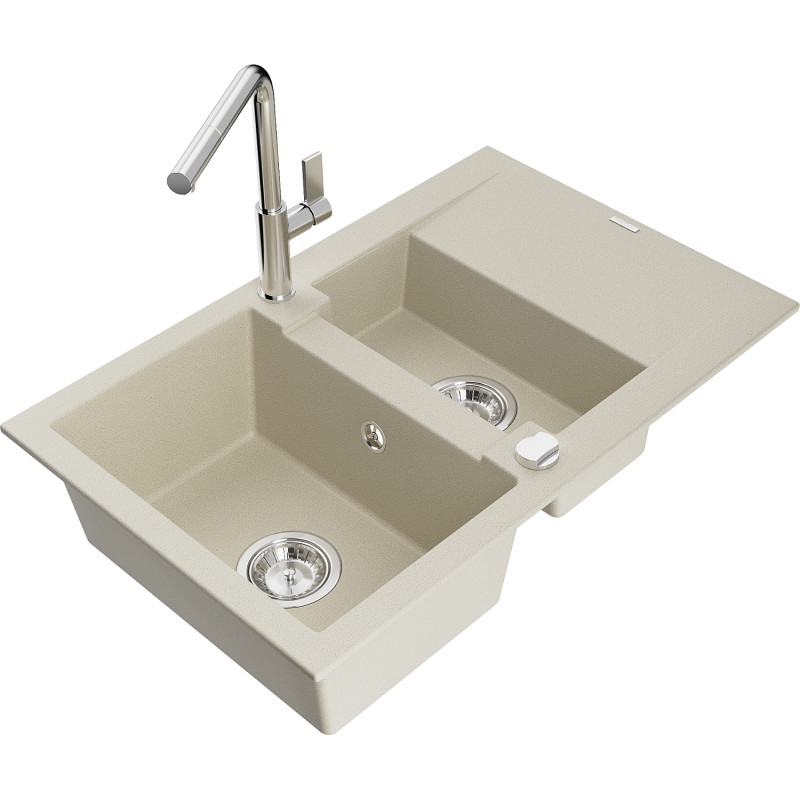 Mexen Gaspar 1,5-Kammer Granitspüle mit Abtropffläche und Küchenarmatur Flora, beige - 6507-69-670401-00