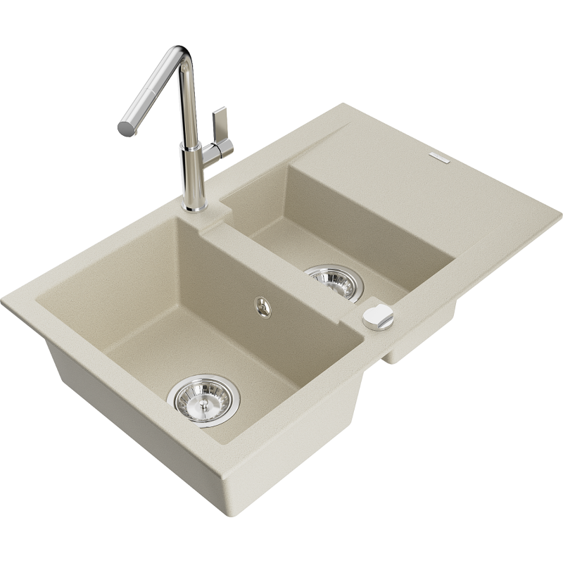 Mexen Gaspar Granitspüle 1,5-Kammer mit Abtropffläche und Küchenarmatur Flora, beige - 6507-69-670401-00