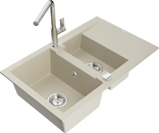 Mexen Gaspar Granitspüle 1,5-Kammer mit Abtropffläche und Küchenarmatur Flora, beige - 6507-69-670401-00