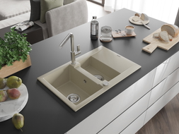 Mexen Gaspar Granitspüle 1,5-Kammer mit Abtropffläche und Küchenarmatur Flora, beige - 6507-69-670401-00