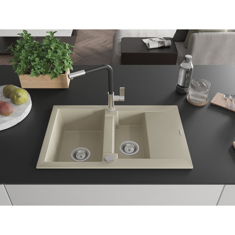 Mexen Gaspar Granitspüle 1,5-fach mit Abtropffläche und Küchenarmatur Flora, beige - 6507-69-670401-07
