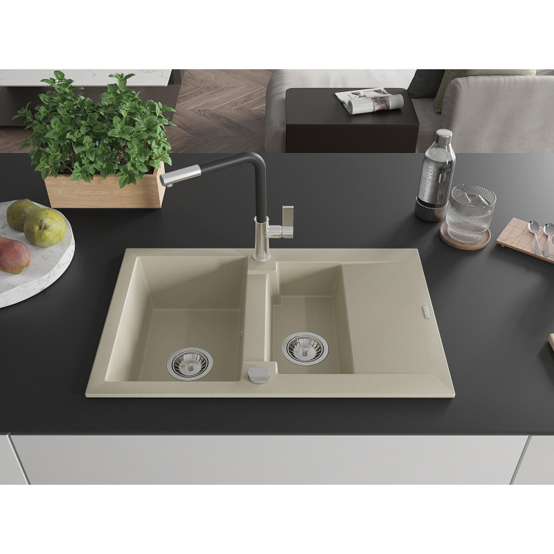 Mexen Gaspar Granitspüle mit 1,5 Becken, Abtropffläche und Küchenarmatur Flora, beige - 6507-69-670401-07