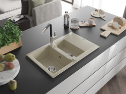 Mexen Gaspar Granitspüle 1,5-fach mit Abtropffläche und Küchenarmatur Flora, beige - 6507-69-670401-07