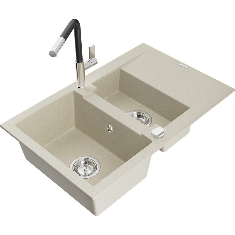 Mexen Gaspar Granitspüle mit 1,5 Becken, Abtropffläche und Küchenarmatur Flora, beige - 6507-69-670401-07