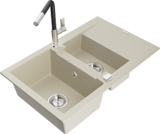 Mexen Gaspar Granitspüle 1,5-fach mit Abtropffläche und Küchenarmatur Flora, beige - 6507-69-670401-07