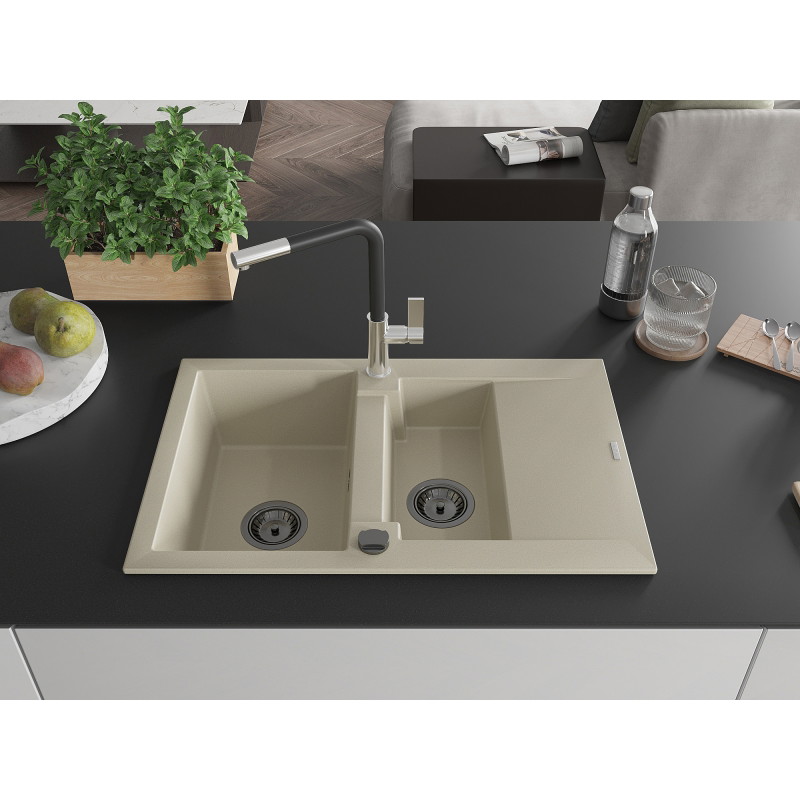 Mexen Gaspar 1,5-Bowl Granitspüle mit Abtropffläche und Küchenarmatur Flora, beige - 6507-69-670401-07-B