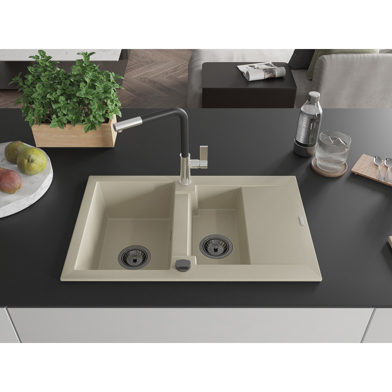 Mexen Gaspar Granitspüle 1,5-Becken mit Abtropffläche und Küchenarmatur Flora, beige - 6507-69-670401-07-B