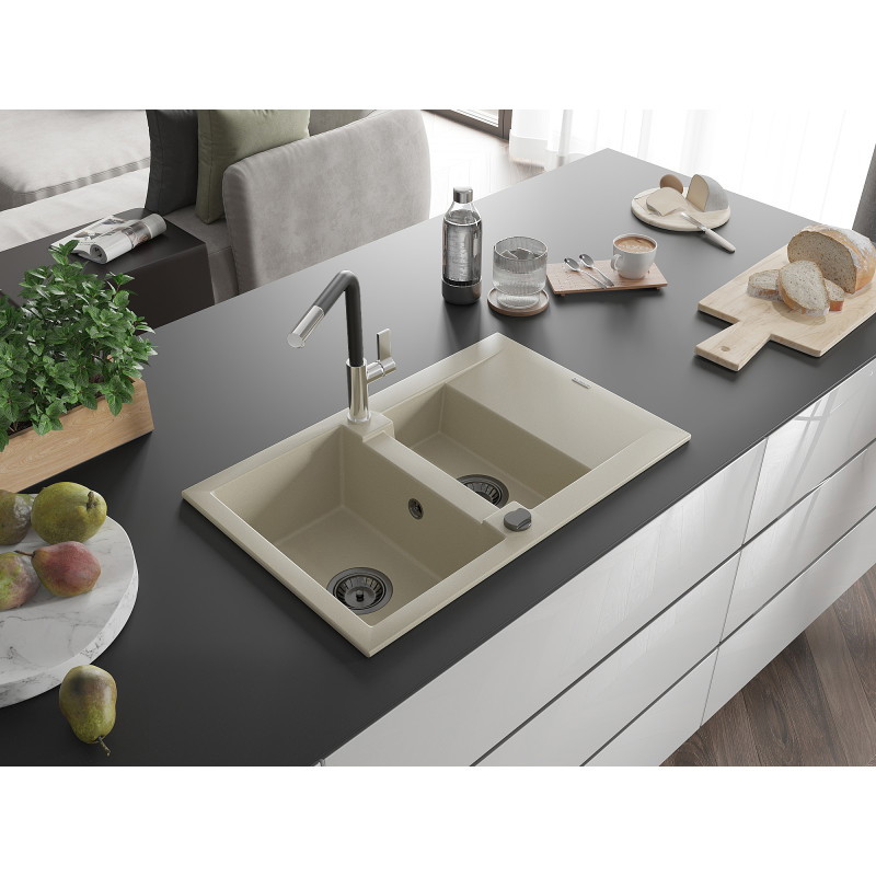 Mexen Gaspar Granitspüle 1,5-Becken mit Abtropffläche und Küchenarmatur Flora, beige - 6507-69-670401-07-B