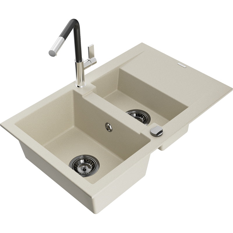 Mexen Gaspar granitspüle 1,5-becken mit abtropfer und küchenarmatur Flora, beige - 6507-69-670401-07-B