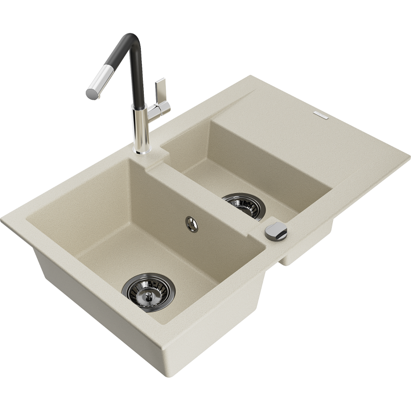 Mexen Gaspar Granitspüle 1,5-Becken mit Abtropffläche und Küchenarmatur Flora, beige - 6507-69-670401-07-B