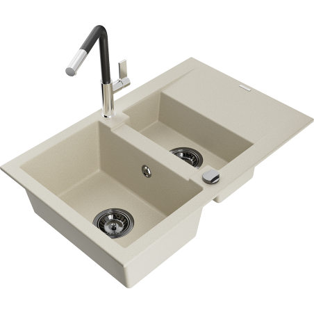Mexen Gaspar 1,5-Bowl Granitspüle mit Abtropffläche und Küchenarmatur Flora, beige - 6507-69-670401-07-B