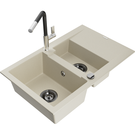Mexen Gaspar Granitspüle 1,5-Becken mit Abtropffläche und Küchenarmatur Flora, beige - 6507-69-670401-07-B