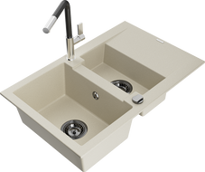 Mexen Gaspar Granitspüle 1,5-Becken mit Abtropffläche und Küchenarmatur Flora, beige - 6507-69-670401-07-B