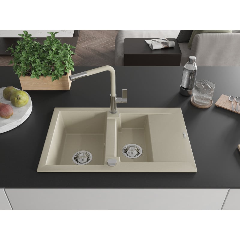 Mexen Gaspar Granitspüle 1,5-becken mit Abtropffläche und Küchenarmatur Flora, Beige - 6507-69-670401-09