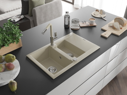Mexen Gaspar Granitspüle 1,5-becken mit Abtropffläche und Küchenarmatur Flora, Beige - 6507-69-670401-09