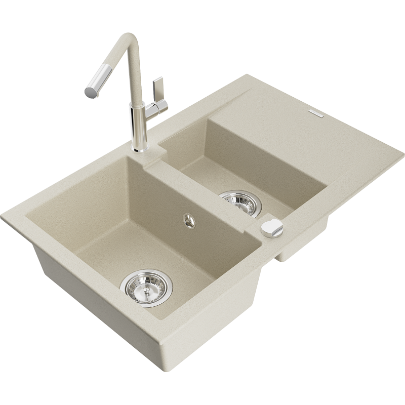 Mexen Gaspar Granitspüle 1,5-becken mit Abtropffläche und Küchenarmatur Flora, Beige - 6507-69-670401-09