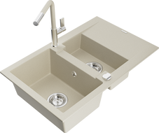 Mexen Gaspar Granitspüle 1,5-becken mit Abtropffläche und Küchenarmatur Flora, Beige - 6507-69-670401-09