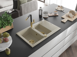 Mexen Gaspar Granitspüle 1,5 Becken mit Abtropffläche und Küchenarmatur Flora, beige - 6507-69-670401-57-G