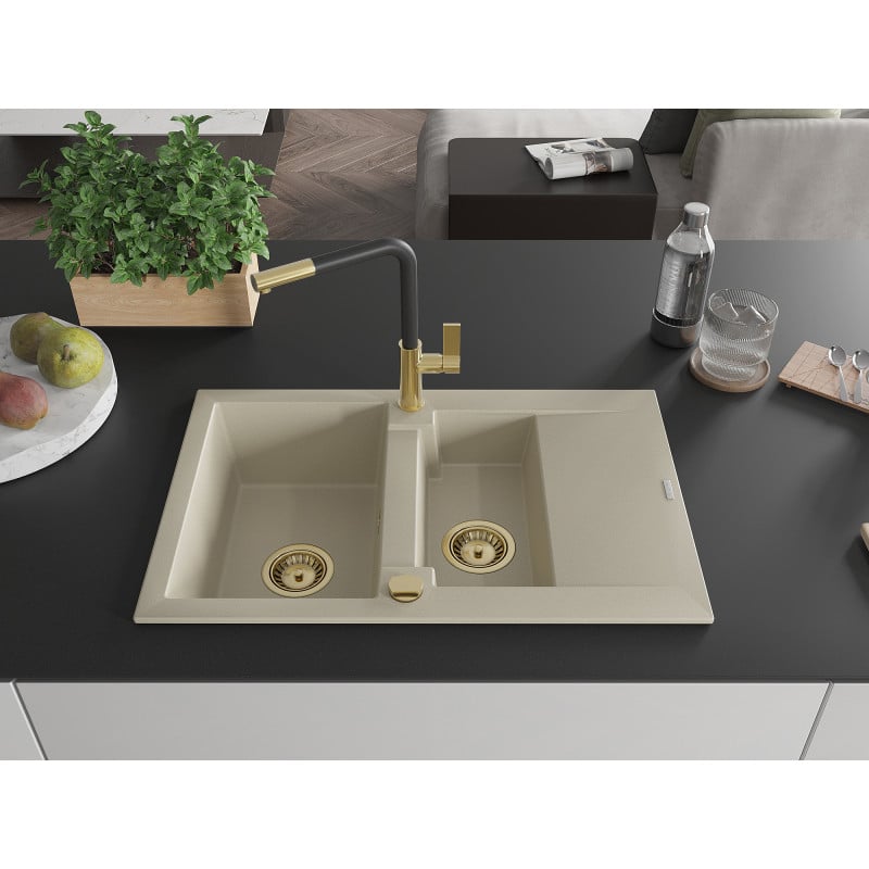 Mexen Gaspar Granitspüle 1,5 Becken mit Abtropffläche und Küchenarmatur Flora, beige - 6507-69-670401-57-G